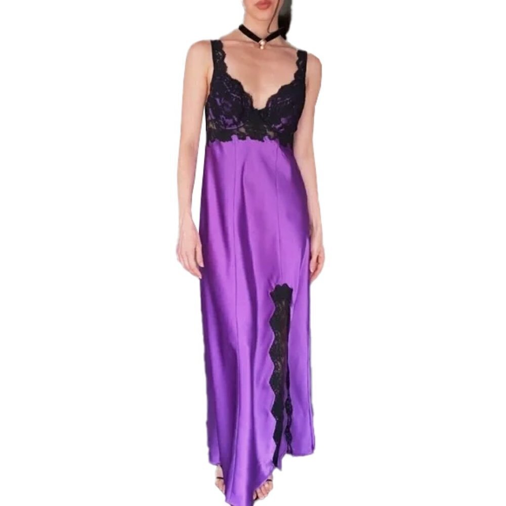VINTAGE VICTORIA'S SECRET long purple satin and black lace night gown SMALL